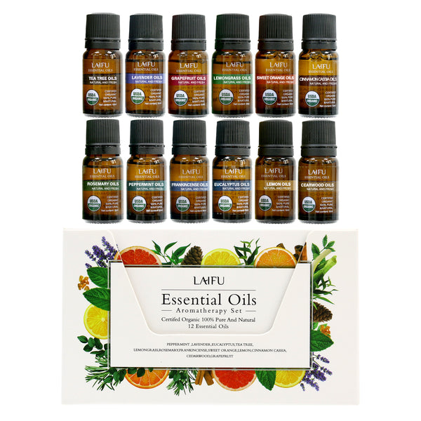 LAIFU Certified Organic Essential Oils Aromatherapy Set featuring 12 single oils including Tea Tree, Lavender, Grapefruit, Lemongrass, Sweet Orange, and Cinnamon.