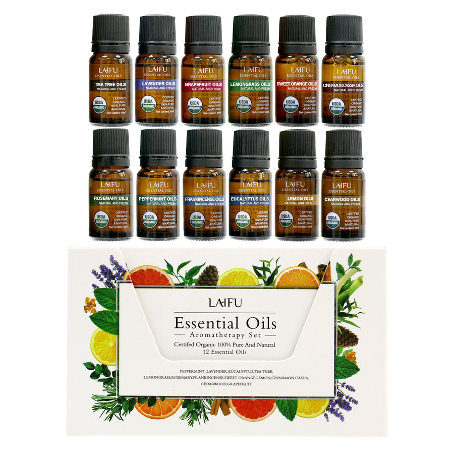 LAIFU Certified Organic Essential Oils Aromatherapy Set featuring 12 single oils including Tea Tree, Lavender, Grapefruit, Lemongrass, Sweet Orange, and Cinnamon.