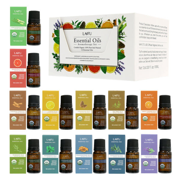 Complete collection of the LAIFU Essential Oils Aromatherapy Set: 12 bottles and 12 individual boxes featuring scents like Rosemary, Peppermint, Frankincense, Eucalyptus, Lemon, and Cedarwood.