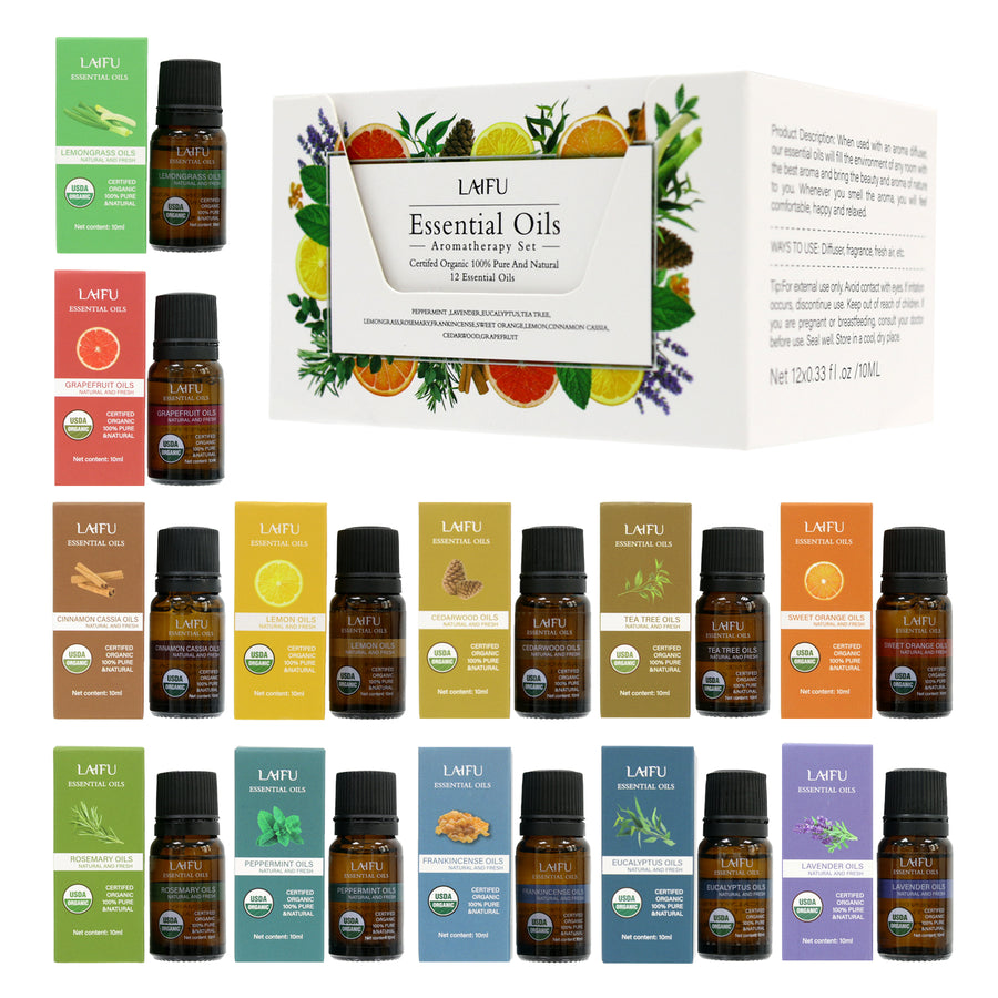 Complete collection of the LAIFU Essential Oils Aromatherapy Set: 12 bottles and 12 individual boxes featuring scents like Rosemary, Peppermint, Frankincense, Eucalyptus, Lemon, and Cedarwood.