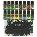 LAIFU Gift Set of 16 Fragrance Oils displayed above the black floral printed box, featuring scents like Patchouli, Bergamot, Jasmine, Clove, Lemon, Cinnamon, Grapefruit, Tea Tree, Eucalyptus, Frankincense, Orange, Peppermint, Lavender, Ylang Ylang, Rosemary.