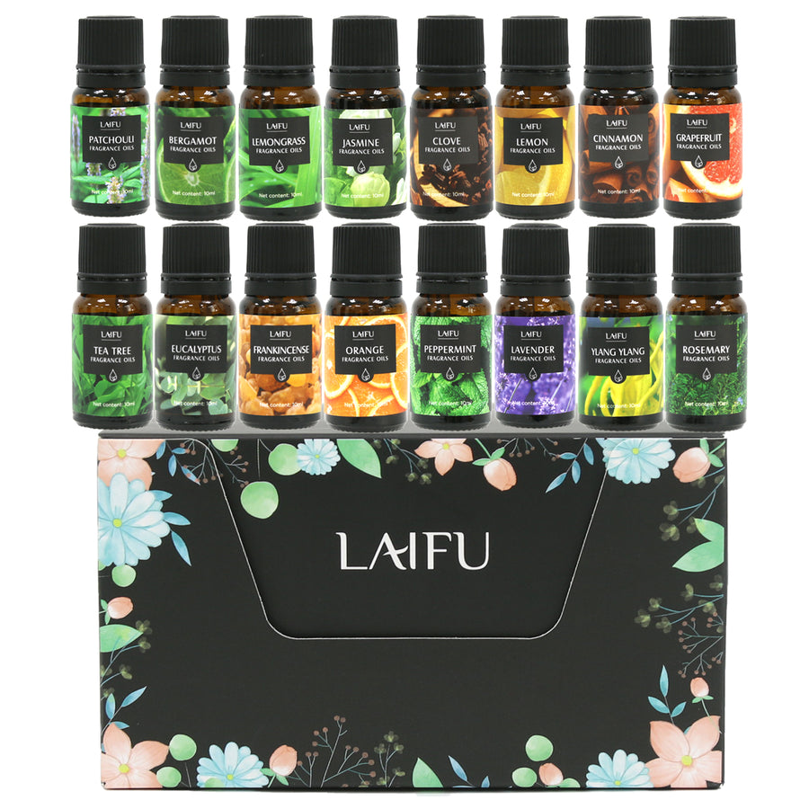 LAIFU Gift Set of 16 Fragrance Oils displayed above the black floral printed box, featuring scents like Patchouli, Bergamot, Jasmine, Clove, Lemon, Cinnamon, Grapefruit, Tea Tree, Eucalyptus, Frankincense, Orange, Peppermint, Lavender, Ylang Ylang, Rosemary.
