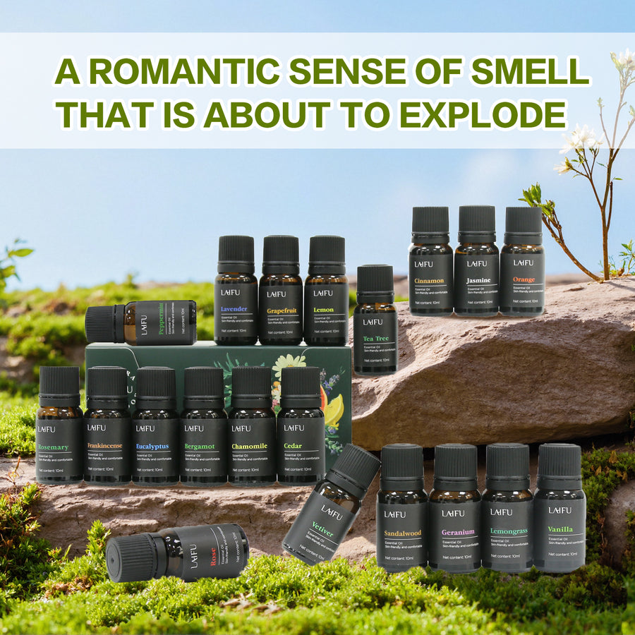LAIFU 20 essential oil set arranged on natural moss and rocks outdoors, evoking a romantic and explosive sense of smell with scents like Cinnamon, Jasmine, and Orange.