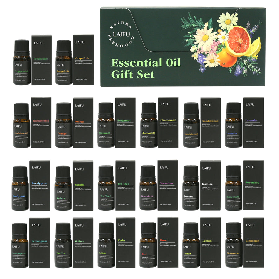 LAIFU 20-piece essential oil gift set featuring a variety of scents including Lavender, Peppermint, Tea Tree, and Citrus, displayed with the green floral gift box and individual packaging.