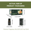 Actual size and dimensions of the LAIFU 20-piece essential oil gift set: box (14.8x11.8x7cm), single bottle (6x2.5cm), and single paper box (6.8x2.8cm).