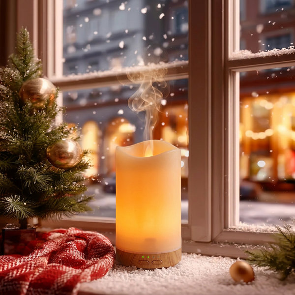 Candle light wood diffuser with essential oil set glowing with warm light and mist on a snowy Christmas windowsill, decorated with a small Christmas tree, red plaid blanket, and gold ornaments, creating a cozy winter holiday ambience and ideal Christmas gift.