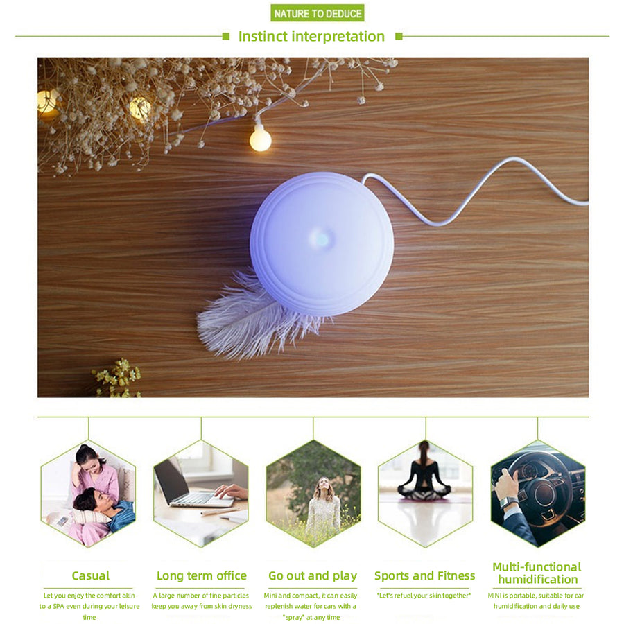 Multi-functional humidification uses for the portable USB diffuser: Casual home use, Long term office, Outdoor activities, Sports fitness, and Car use.