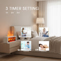 Infographic of white fireplace diffuser 3 timer settings (1H, 3H, 5H, ON) suitable for yoga, reading, working, and sleeping modes.