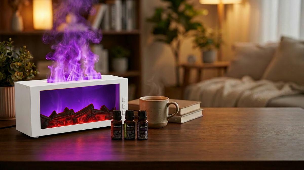 White fireplace diffuser creating a unique purple flame effect with mist, placed on a wooden table with a coffee cup and 3 essential oil bottles.