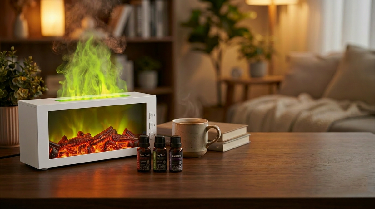 White fireplace diffuser creating a unique yellow flame effect with mist, placed on a wooden table with a coffee cup and 3 essential oil bottles.