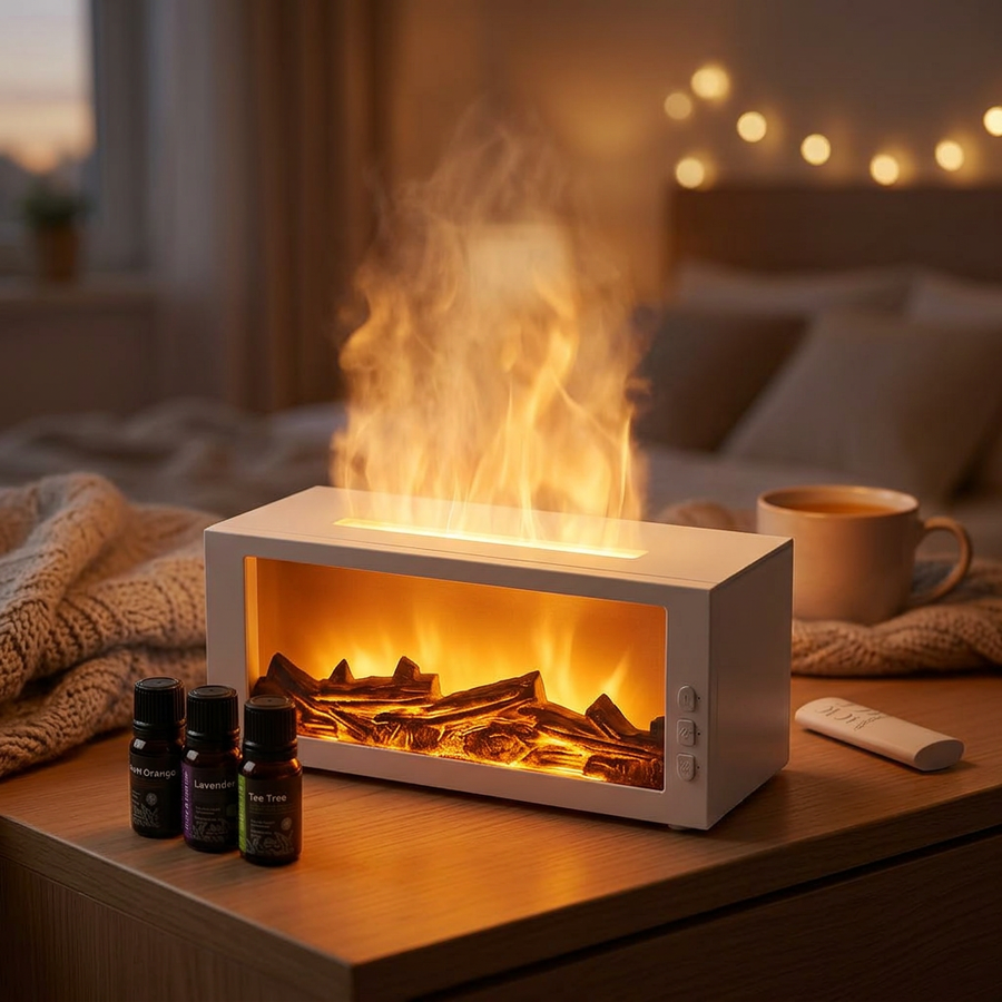 White fireplace aroma diffuser on a bedroom nightstand creating a realistic flame effect with mist, next to a cup of coffee and a 3-piece essential oil set.