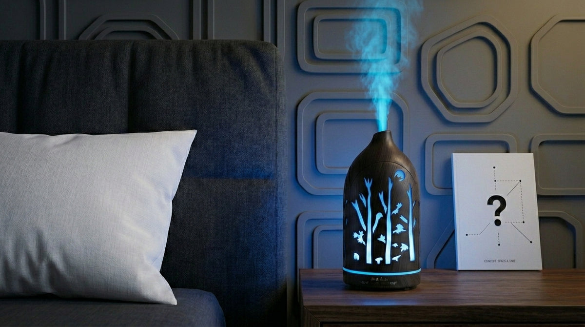 Dark wood forest aromatherapy diffuser emitting a calming blue LED light on a nightstand in a modern bedroom with geometric wall panels.