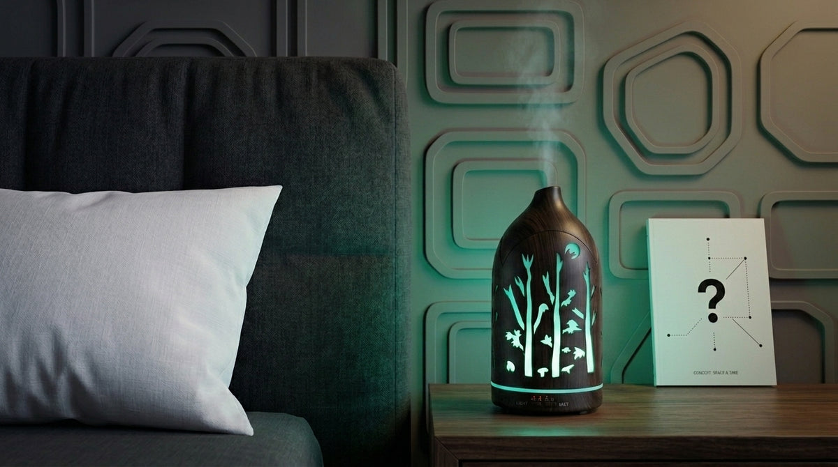 Dark wood forest aromatherapy diffuser emitting a calming green LED light on a nightstand in a modern bedroom with geometric wall panels.