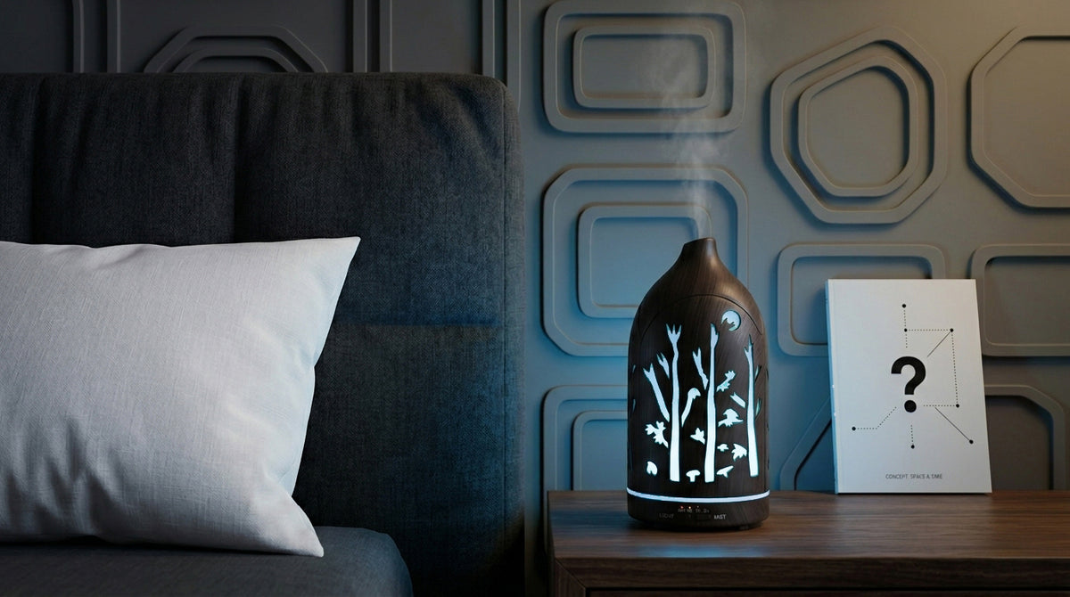 Dark wood forest aromatherapy diffuser emitting a calming sky blue LED light on a nightstand in a modern bedroom with geometric wall panels.