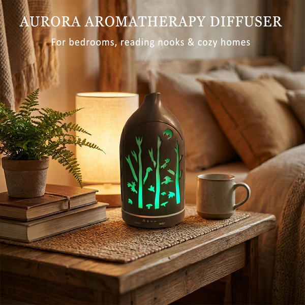 Dark wood grain forest diffuser glowing green on a rustic table with books and a coffee cup, ideal for bedrooms, reading nooks, and cozy homes.