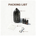 Unboxing packing list of the Aurora forest diffuser set including the dark wood device (7.1x3.5 inches), 3 essential oils, user manual, and USB-C charging cable.