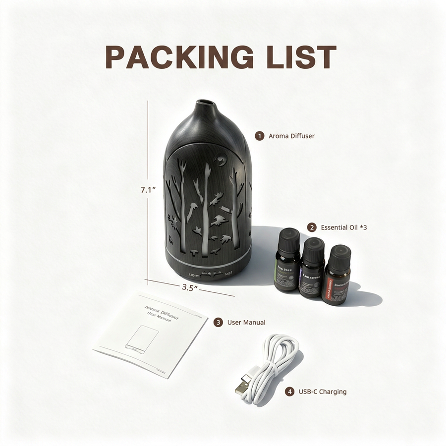 Unboxing packing list of the Aurora forest diffuser set including the dark wood device (7.1x3.5 inches), 3 essential oils, user manual, and USB-C charging cable.