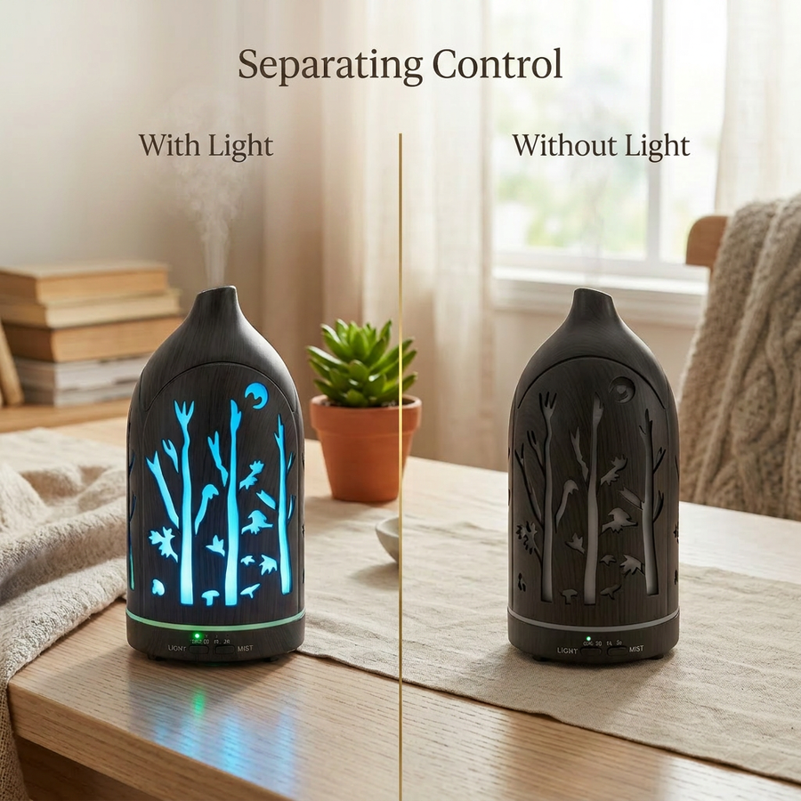 Comparison image demonstrating the separating control feature of the forest cutout diffuser: with LED light on and without light while diffusing mist.
