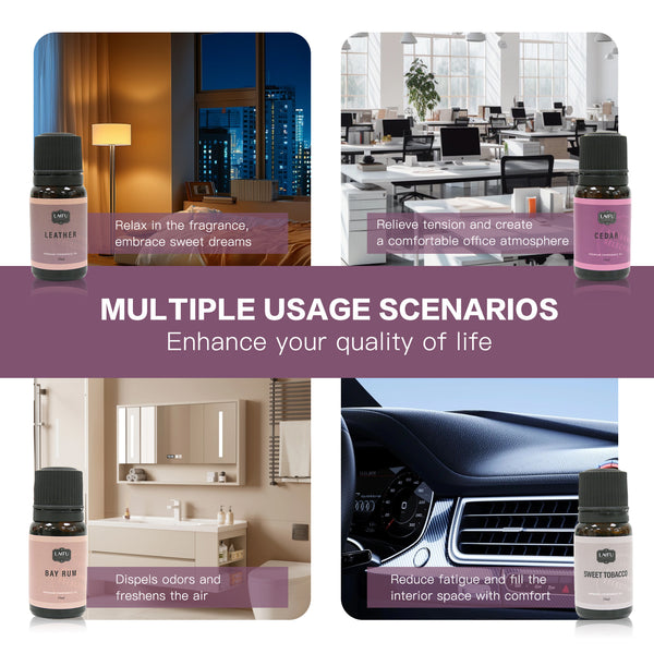 Multiple usage scenarios for LAIFU Gentlemen's essential oils: relaxing in the bedroom (Leather), office focus (Cedar), bathroom freshness (Bay Rum), and car comfort (Sweet Tobacco).