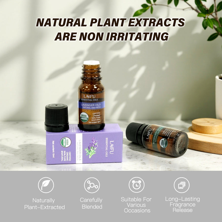 LAIFU Lavender Essential Oil (USDA Certified Organic) with its packaging, highlighting natural plant extracts that are non-irritating, carefully blended, and long-lasting.