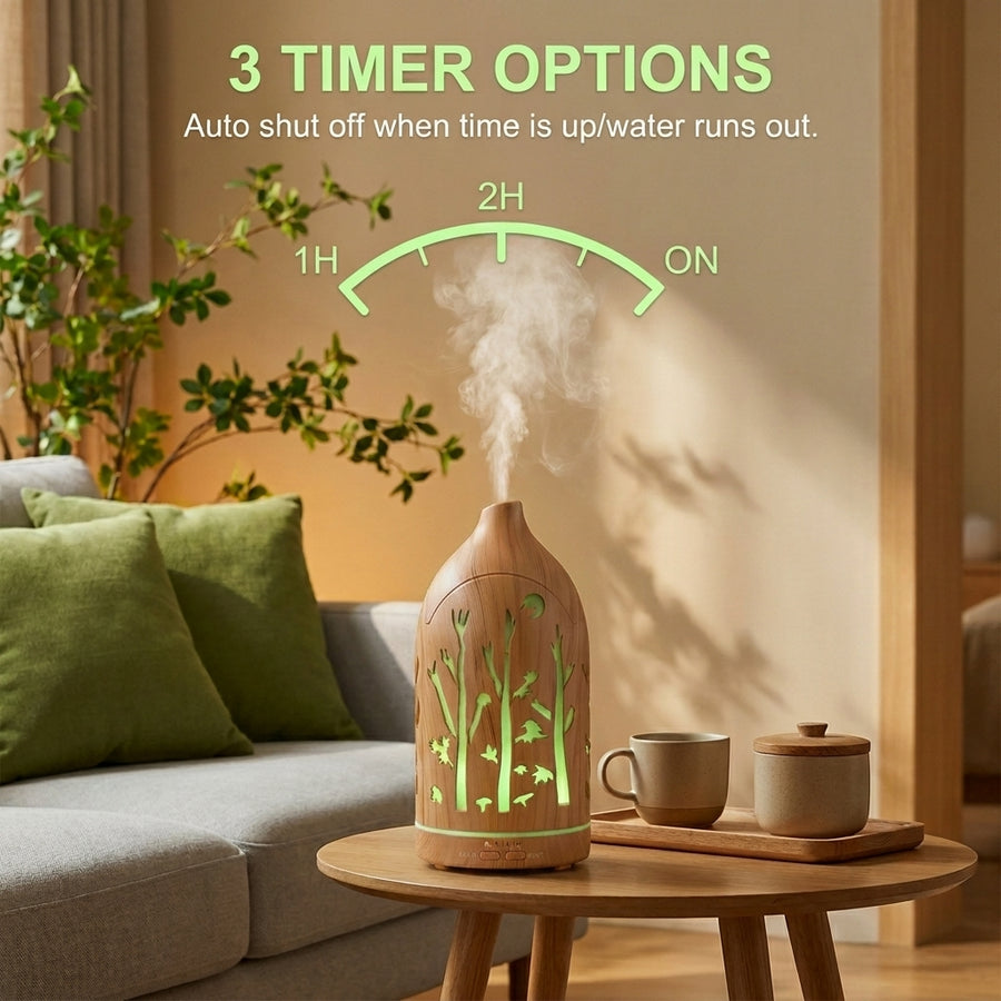 Light wood forest diffuser displaying 3 timer options (1H, 2H, ON) with auto shut-off feature, emitting green mist in a bright living room with green pillows.