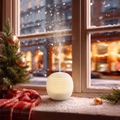 Mini lantern white diffuser glowing with warm light and mist on a snowy Christmas windowsill, decorated with a small Christmas tree, red plaid blanket, and gold ornaments, creating a cozy winter holiday aromatherapy ambience and ideal Christmas gift.