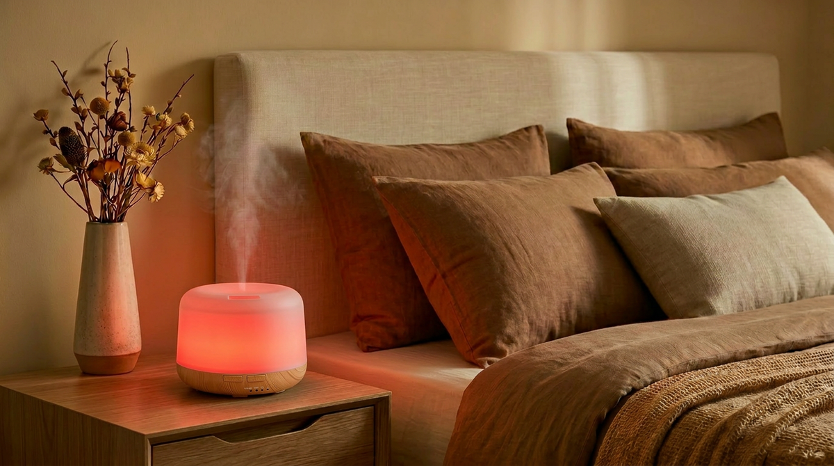Pniaw 500ml wood grain diffuser glowing with red LED light on a bedroom nightstand, creating a cozy sleep atmosphere with dried flowers.