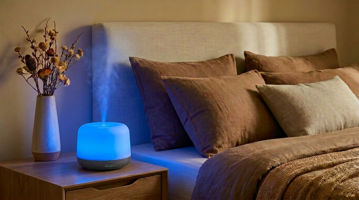 Pniaw 500ml wood grain essential oil diffuser glowing with blue LED light on a bedroom nightstand, creating a cozy sleep atmosphere with dried flowers.