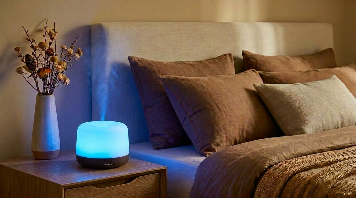 Pniaw 500ml wood grain essential oil diffuser glowing with light blue LED light on a bedroom nightstand, creating a cozy sleep atmosphere with dried flowers.