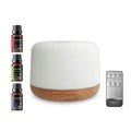Pniaw 500ml white and wood grain aroma diffuser full set on white background, including remote control and 3-pack essential oils gift set.