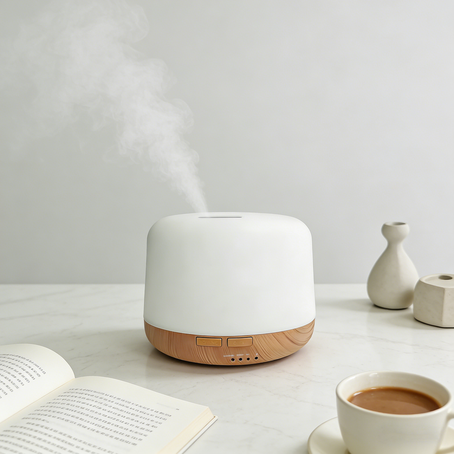 Pniaw 500ml ultrasonic aroma diffuser with light wood base emitting cool mist on a modern marble desk with a coffee cup and book.