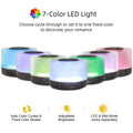 Pniaw dark wood round diffuser showcasing 7-color LED light options, featuring auto color cycles, fixed color modes, and adjustable brightness settings.