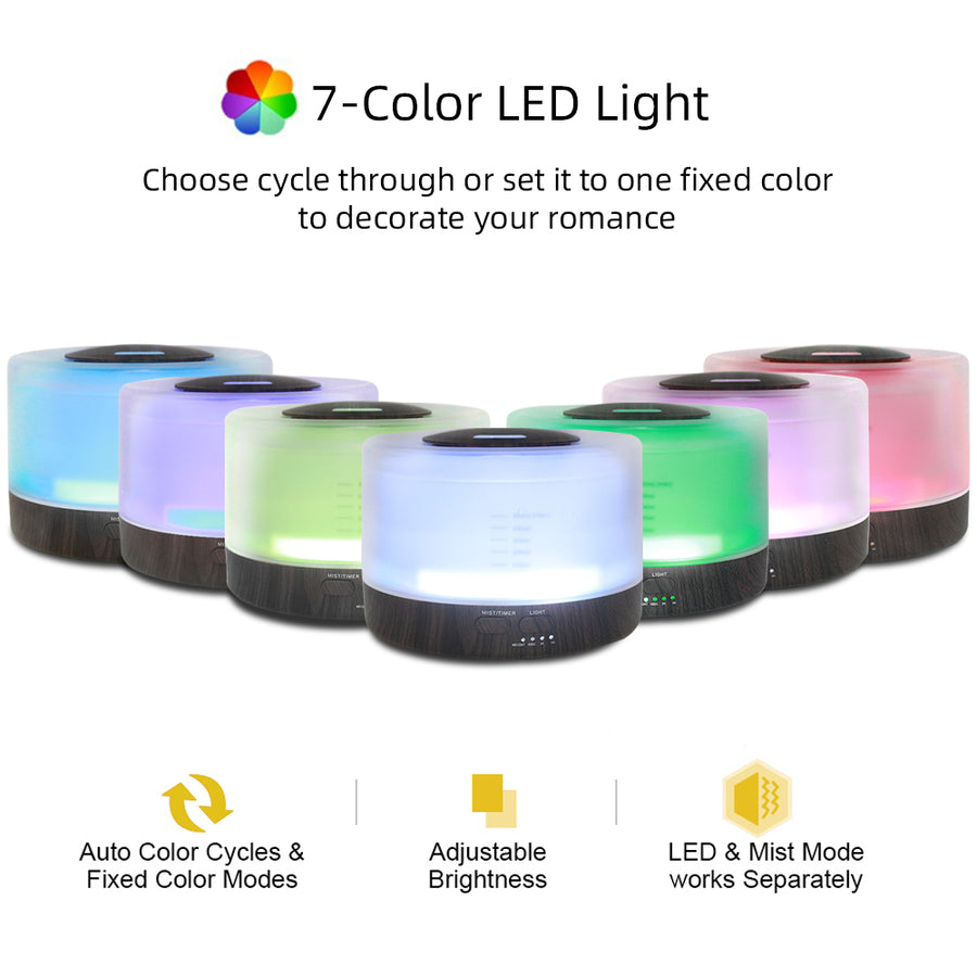 Pniaw dark wood round diffuser showcasing 7-color LED light options, featuring auto color cycles, fixed color modes, and adjustable brightness settings.