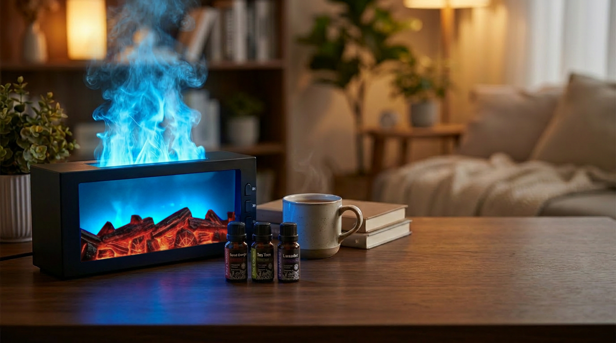 Pniaw black fireplace diffuser with light blue LED flame and ultrasonic mist, shown with essential oil bottles and a cup in a cozy room setting.