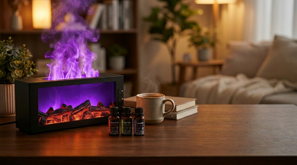 Pniaw black fireplace diffuser with purple LED flame and ultrasonic mist, shown with essential oil bottles and a cup in a cozy room setting.