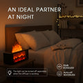 Pniaw fireplace diffuser shown as a quiet night companion in a bedroom, with noiseless operation, auto shut-off when waterless, and separately controllable LED flame light.