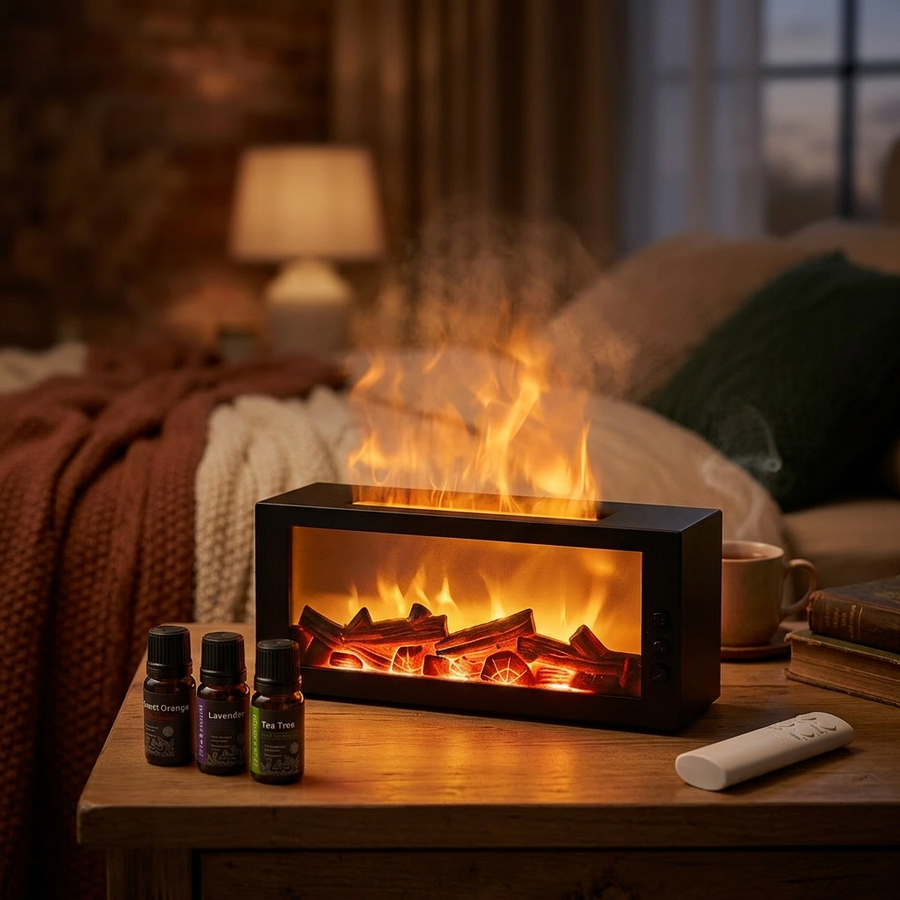 Pniaw black fireplace flame diffuser on a bedroom nightstand with lavender, tea tree and sweet orange essential oils, remote control, and ultrasonic mist flame effect.