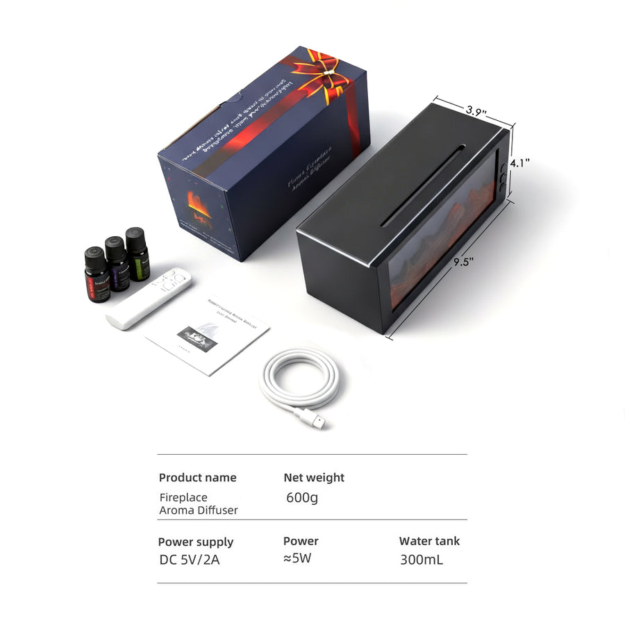 Pniaw fireplace aroma diffuser package contents and size specs: 300ml water tank, DC 5V/2A power, about 600g, with diffuser, essential oils, remote, cable and manual.
