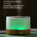 Pniaw round essential oil diffuser with automatic power failure safety feature due to water shortage, shown with green LED light and visible water level scale.