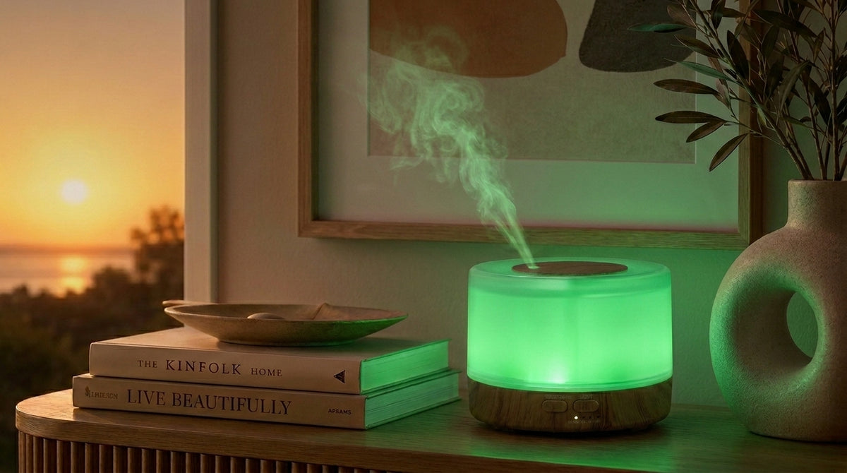 Pniaw round light wood grain diffuser glowing with warm green LED light on a console table by the sunset window, styled with books and a modern vase.