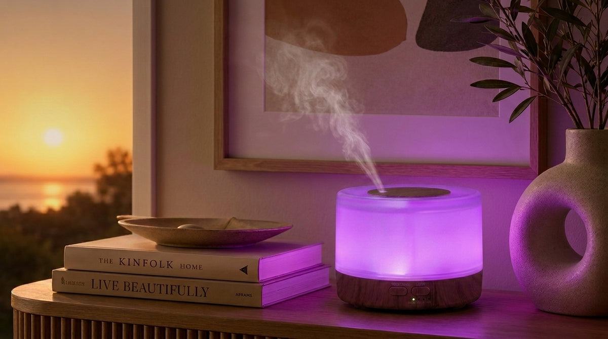 Pniaw round light wood grain diffuser glowing with warm purple LED light on a console table by the sunset window, styled with books and a modern vase.