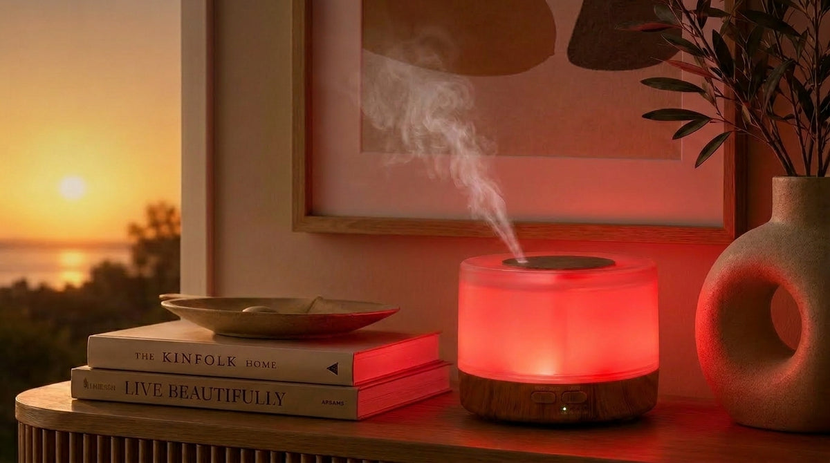 Pniaw round light wood grain diffuser glowing with warm red LED light on a console table by the sunset window, styled with books and a modern vase.