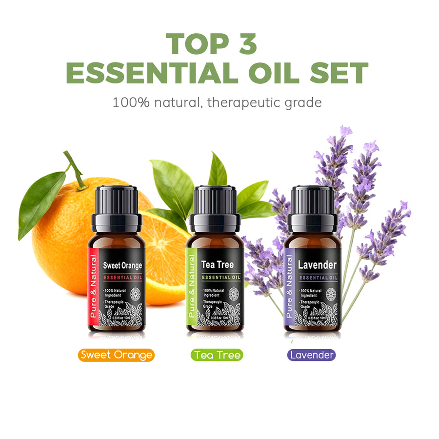 Pniaw Top 3 therapeutic grade essential oil set included with diffuser: Sweet Orange, Tea Tree, and Lavender bottles with fresh plants.