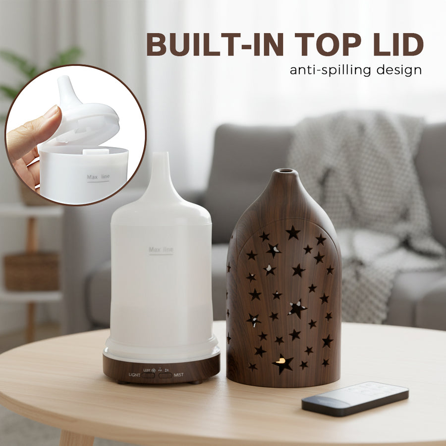 Dark wood star diffuser with built-in top lid design (anti-spilling) shown next to the water reservoir, highlighting easy filling and safety features.