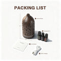 Packing list of the star cutout diffuser set (7.1 x 3.5 inches), including the aroma diffuser, 3 essential oils, user manual, and USB-C charging cable.
