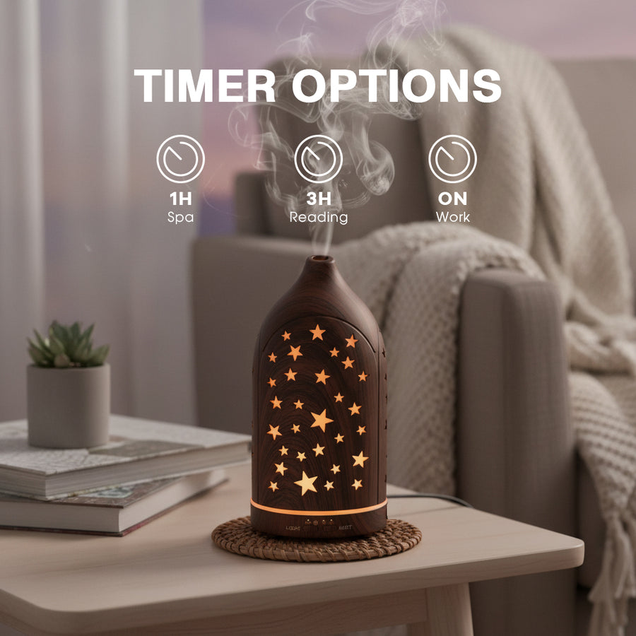 Infographic of the dark wood star diffuser timer settings: 1 Hour for Spa, 3 Hours for Reading, and ON mode for Work, with auto shut-off.