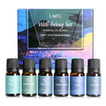 LAIFU Well-being Set of 6 Essential Oil Blends (10ml each) including Relax, Air Freshening, Calm Mind, Sweet Dreams, Happy, and Immunity, displayed with the colorful gift box.