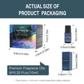 Actual size and dimensions of the LAIFU Well-being Set: gift box (8.8x5.8x7cm), single 10ml bottle (6x2.5cm), and single paper box (6.8x2.8cm).