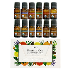 LAIFU Certified Organic Essential Oils Aromatherapy Set featuring 12 single oils including Tea Tree, Lavender, Grapefruit, Lemongrass, Sweet Orange, and Cinnamon.