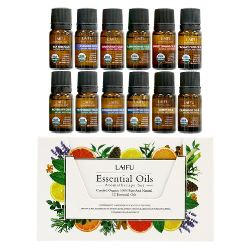 LAIFU Certified Organic Essential Oils Aromatherapy Set featuring 12 single oils including Tea Tree, Lavender, Grapefruit, Lemongrass, Sweet Orange, and Cinnamon.